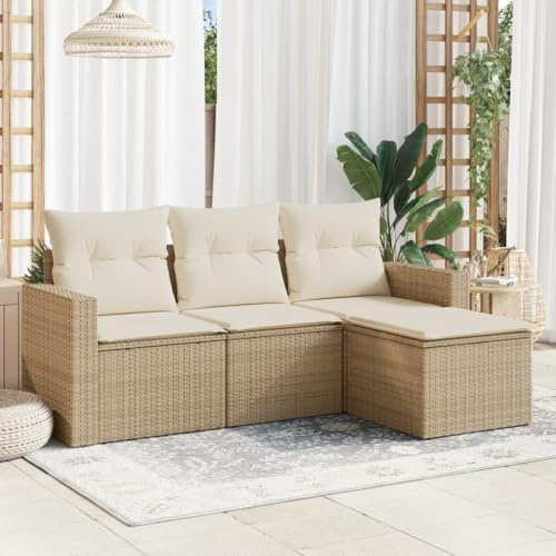 zylophax 4-TLG. Garten-Sofagarnitur aus Poly Rattan mit Kissen Beige, wetterfestes modular kombinierbares Loungesofa für Terrasse Balkon Wintergarten Außenbereich