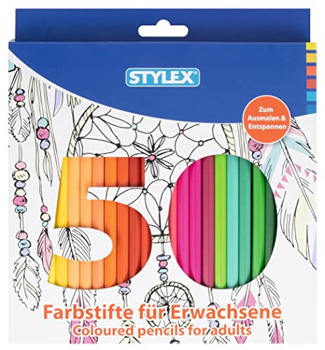 Stylex 25095 Farbstifte, 50 Farben, für Erwachsene, Sechskantform, zum Ausmalen und Entspannen, in Faltschachtel, 50 Stück