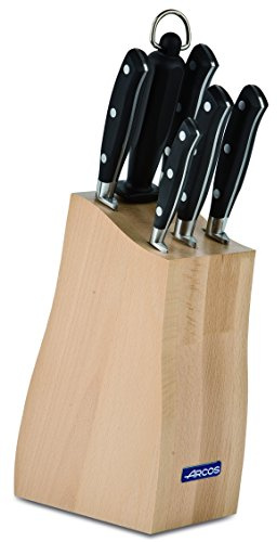 Arcos Juego Cuchillos Forjados 6 piezas Acero Inoxidable Nitrum. 4055 gr. Cuchillos Cocina Multiusos para Cortar Carne y Verduras. Mango Ergonómico Polioximetileno POM. Serie Riviera. Color Negro.