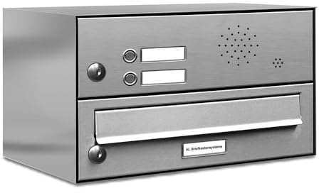 AL Briefkastensysteme 1er Briefkasten mit Klingel V2A Edelstahl, Premium Briefkasten DIN A4, 1-Fach Postkasten modern Aufputz