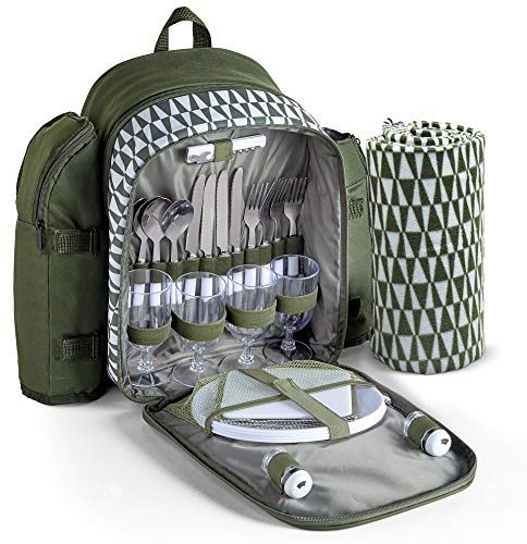 VonShef Picnic Backpack, 4 Person Green Picnic Bag with Full Dining & Cutlery Set, Insulated Cooler Compartment & Large Waterproof Picnic Blanket, Lightweight Water Resistant Camping Accessories