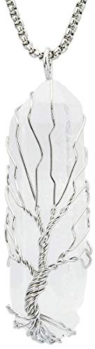KYEYGWO Fil Encerclé Arbre de Vie Collier, Irrégulier Protection Pendentif en Pierre de Cristal Naturelle avec Chaîne Argenté pour Femme, Cristal de Roche