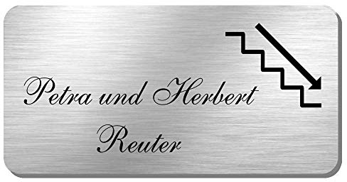 Edelstahl Türschild Namensschild Hinweisschild mit Treppe, Pfeil und individueller Laser-Gravur in vielen Schriftarten, Größe ca. 100 mm x 50 mm * Modell Reuter