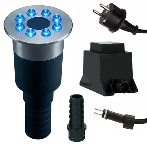 Kerry Electronics Wasserspielleuchte blau, inkl. Trafo, 0,6 Watt, IP68, 12V, 103 LUX, 650 cm Kabel, 8 LED, LED Ring Brunnen, Wasserspielbeleuchtung | Unterwasserlicht | Unterwasserstrahler