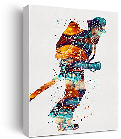 Feuerwehrmann Aquarell-Poster auf Leinwand, Wandkunst für Home Office Decor – Feuerwehr-Soldat Held, Leinwanddruck, Wandkunst, Malerei, Staffelei & Haken zum Aufhängen, 30.5 x 38.1 cm