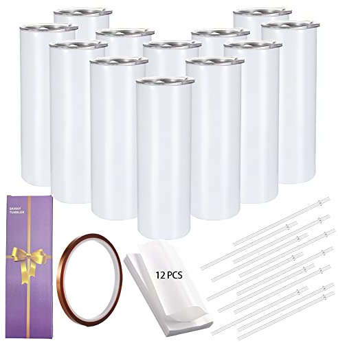 YOUKE OLA 12 Stück gerade Skinny Sublimationsbecher 590 ml für Wärmeübertragung, Bulk Sublimation Rohlinge einzeln verpackt, doppelwandiger isolierter Becher mit Schrumpffolien und Wärmeband, weiß