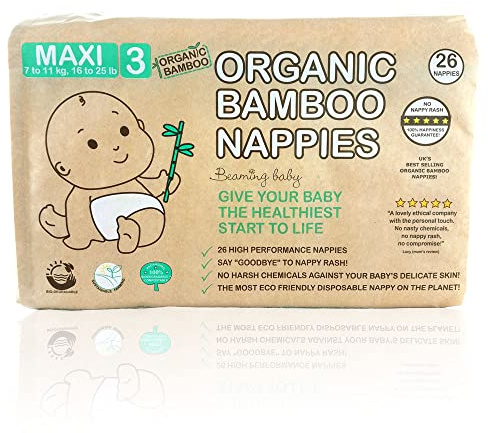 Beaming Baby Organic Bamboo Nappies Size 3, Maxi, 6 Packs of 26 Bamboo Eco Nappies. Eco Friendly Bamboo Diapers for Your Beautiful Baby 3 to 9 Months