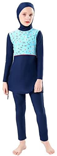 IMEKIS Kind Mädchen Muslimische Bademode Blume Schmetterlingsdruck Bescheidene Badeanzüge islamische Burkini Outfit Langarm Kapuze Badetop mit Hose 2pcs Tankinis Badeanzug Dunkelblau 9-10 Jahre