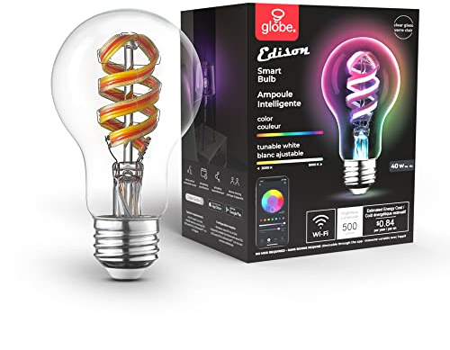 Globe Electric 35850 Wi-Fi Smart 7W (40W Equivalent) Spiral Filament Multicolor Changing LED Light Bulb, No Hub Required, Voice Activated, 2000K - 5000K, A19 Shape, E26 Base, Vintage Edison