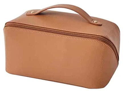 Hiziel Portable Leather Travel Cosmetic Bag,Tragbare Reise-Kosmetiktasche mit großer Kapazität,wasserdichter Kulturbeutel-Organizer,Damen Kosmetik-Reisetasche,tragbare Reise Make-up Tasche (braun)