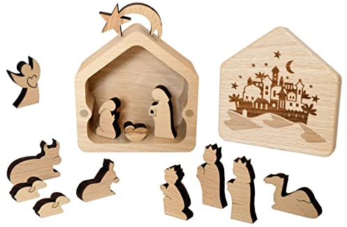 Kaltner Präsente Geschenkidee - Weihnachten Krippe aus Holz mit Jesus, Maria und Kind, Ochs und Esel, Schafe, Heilige DREI Könige, Engel, Stall und Abendstern aus Südtirol