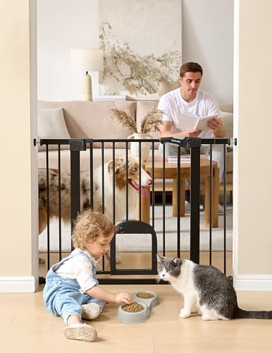 Babelio Upgraded Baby Gate with Cat Door, 29-43 Auto Close Durable Dog Gate for Stairs, Doorways and House, Easy Walk Thru Safety Gate with Pet Door Includes 4 Wall Cups, Black