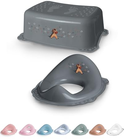 DOCARI Toilettentrainer mit Treppe als Set grau Pferd - Toilettensitz Kinder und Tritthocker Kinder - Toilettensitz Kinder mit Treppe - Toilettenaufsatz Kinder WC Sitz Kinder Hocker Kinder Bad