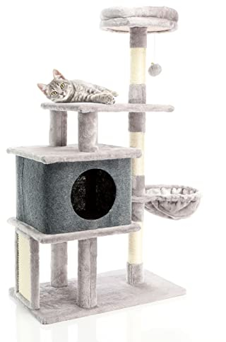 Fudajo Kratzbaum in Hellgrau 112 cm hoch, Katzenkratzbaum mit Katzenhaus, Katzenbaum mit Liegemulde und Plattformen, Katzenmöbel mit Kratzbrett
