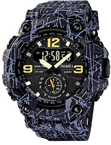 Yuxier Orologio militare da uomo Camouflage Sport Outdoor Impermeabile Orologi da polso Data Multi Funzione con LED Allarme Tempo Multiplo, Nero e grigio.