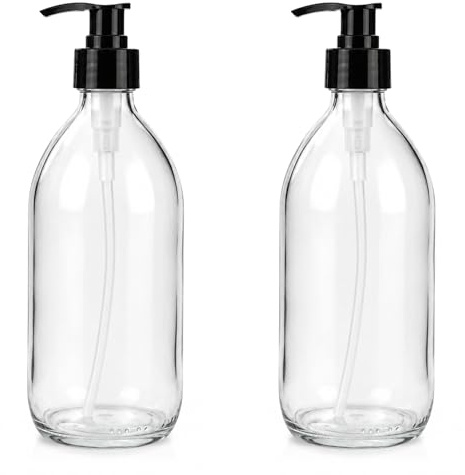 mikken 2 Seifenspender 500 ml Lotionspender Glas klar lebensmittelecht inkl. Beschriftungsetiketten