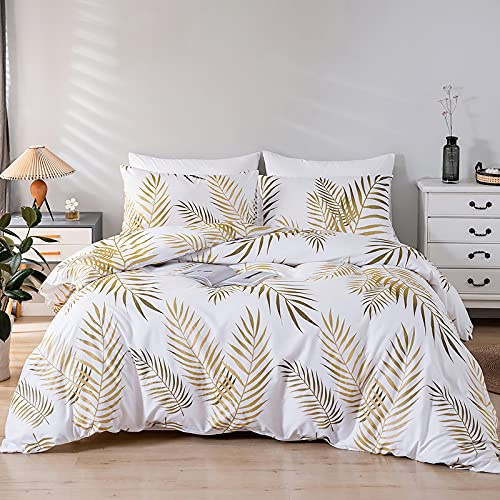 Jemiipee Set Copripiumino Letto Matrimoniale con Motivo Foglie Tropicali Dorate 1 x Copripiumino 240x260 cm e 2 x Federe 51x92 cm Completo Sacco Biancheria da Letto 100% Microfibra Parure Oro Bianco