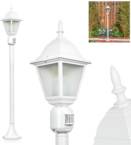 HOFSTEIN Außenstehleuchte Naofe, Außenwegeleuchte mit Bewegungsmelder aus Metall/Milchglas in Weiß, Wechselscheiben Klar, Wegeleuchte im Landhaus/Antik/Retro-Design, Garten, Hof, 116 cm, E27, IP44