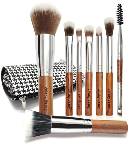 Velony Vacay Set di pennelli da trucco da viaggio con custodia, set di pennelli da trucco per fondotinta, cipria, sopracciglia, correttori, ombretti, 8 pennelli da trucco da viaggio (marrone)