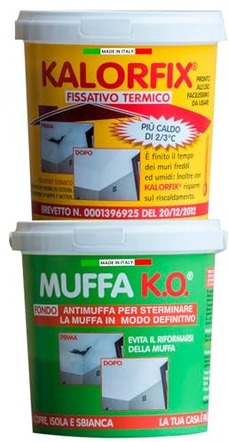 Tecnostuk Muffa K.O. Fondo Antimuffa Sbiancante Eurocali per Muri Ecologico e Traspirante 1L + Kalorfix Fissativo Isolante Termico per Muri Interni ed Esterni Contro Muffa e Batteri 1L - Made in Italy