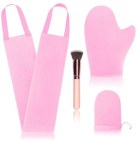 4 Pcs Self Tanner Mitt Applicator Kit - Self Tanning Mitt Glove,Self Tanner Back Applicator,Mini Face Tanner Mitt,Face Tanner Brush Soft Streak-Free Reusable & Washable for Women Girl Men (Pink)