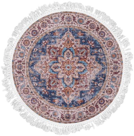 Mazovia Teppich Wohnzimmer Ø200cm Rund Rot Blau Vintage Traditionell | Teppich für Schlafzimmer Büro Esszimmer Eingangsbereich Stilvoll Rutschfest Maschinenwaschbar Wetterfest Pflegeleicht Elegant