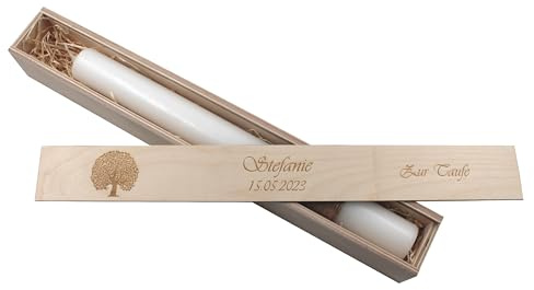 Kerzenbox personalisierbar mit Namen Kerzenboxen personalisiert Kommunionskerzen-Box Aufbewahrungsbox für Deine Taufkerze Konfirmation oder Kommunionskerze Stabkerze 44cm Herz Lebensbaum