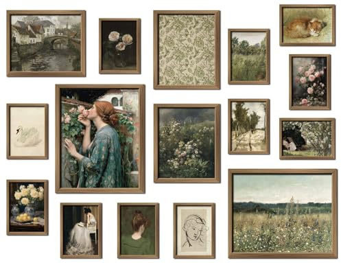 ANERZA 16 PCS Framed Vintage Wall Art Decor, French Country Wall Prints for Bedroom, Landscape Gallery Wall Frame Set, Farmhouse Posters for Living Room Aesthetic, Rustic Collage Kit, Dorm Home Decor