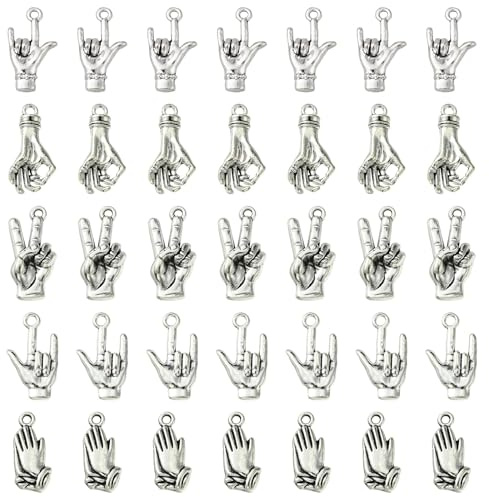 Ipotkitt 50 Pcs 5 Styles Antique Silver Hand Gesture Charms Alloy OK I Love You Pray Peace Hand Sign Charms Sign Language Charms for Jewellery Making Craft
