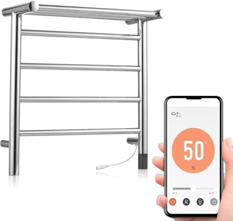 YIWENG Scaldasalviette Elettrico WiFi 45W 24V 4 Barre Scaldasalviette con Ripiano Superiore Timer Montaggio a Parete IPX4 Impermeabile AI App Temperatura Regolabile Riscaldamento Rapido Portasciugaman