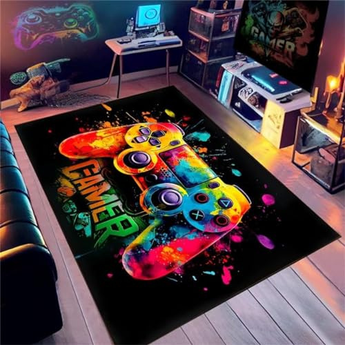 Xisnuient Gaming Teppiche Dazzle Neon Graffiti Video Spiel Controller 3D Jungen Jugendzimmer Teppich Gamer Cooler Spielteppich Kinder Teenager Home Decor Teppiche (Grün,100x120cm)