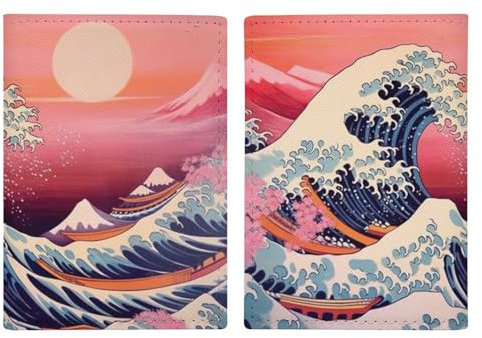 Japanische Ozeanwelle Kirsche Berg Kanagawa Reisepasshülle Reisepass Schutzhülle PU Leder Kartenetui Slim Reisezubehör, Stil, 20.3x13.8cm