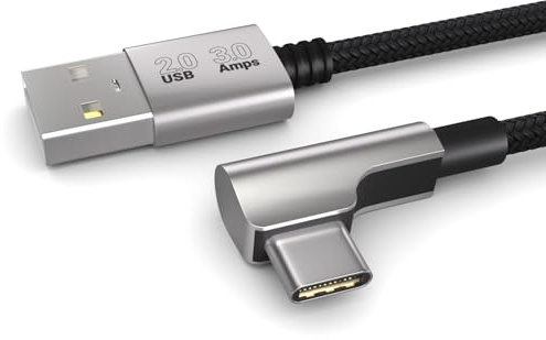 PAXO 1m Ladekabel, 3A, USB A auf USB C Kabel, AM-CM, USB 2.0, elegante Winkelstecker, besonders flexibler Stoffmantel in schwarz