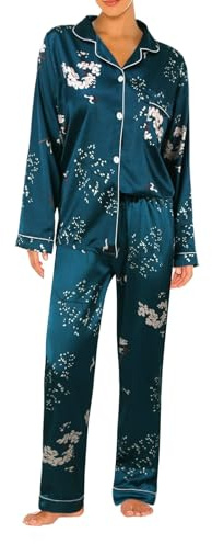 Raopuzi Conjunto de Pijama Seda Mujer, Pijamas Raso Invierno Largo para Mujer con Botones, Pijama Saten Camisero de Manga Larga Y Pantalon, Ropa de Dormir de Descanso de Dos Piezas Traje de Casa