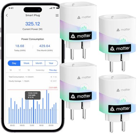Meross_Smart Matter WLAN Steckdose mit Strommessung, Smart Home Steckdose mit Stromzähler, funktioniert Apple HomeKit, Alexa und Google, Sprach- und Fernsteuerung, 16A, 4er