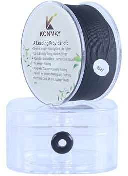KONMAY Cordoncino in nylon satinato intrecciato da 0,8 mm, 120 m, colore nero, con custodia, per la creazione di gioielli, perline, nodi cinesi, kumihimo, macramè