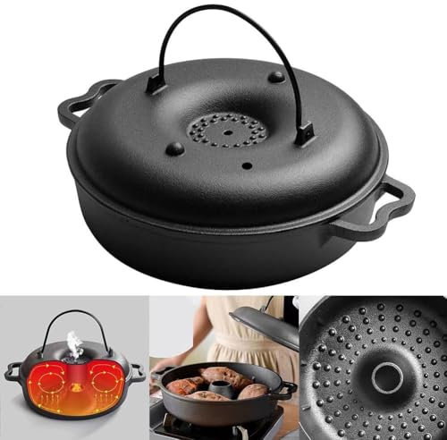 Advokingtap Pentola per patate dolci in ghisa spessa con coperchio e manico, adatta per forno e cucina all'aperto, 27 x 22 x 10