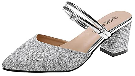 Momolaa Mules with Closed Pointed Toe Low Block Chunky Heeled Sandal Backless Slip on Mules Comfortable Casual Open Back Dress Pumps Shoes SIZE 5.5 A0_Silver Clearance