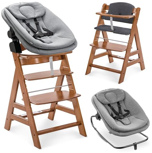 hauck Chaise Haute Bébé Evolutive en Bois Alpha+ Newborn Set Highchair Bouncer 3en1 – dès la Naissance avec Transat Bebe et Coussin Assise – Noyer