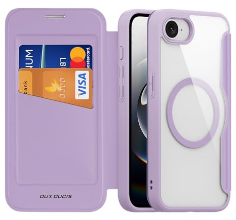 DUX DUCIS for iPhone 16e Case, Compatible with MagSafe, Premium Flip Leather Card Slots with RFID Blocking Clear Shockproof Protective Cover for iPhone 16e Case (2025), Purple pink