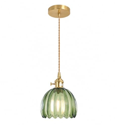 LFsem Vintage Pendelleuchte Esstisch Hängelampe, Messing Hängeleuchte aus Glas in Grün mit Schalter, Esszimmerlampe Hängend, E27 Pendellampe für Küche Esszimmer Schlafzimmer Wohnzimmer