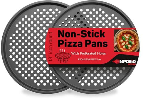 Non-Stick Pizza Pan 2 Pack, 13 Inch Round Carbon Steel Pizza Tray with Perforated Holes for Crispy Crust, PFOAPFOSPTFE Free, Dishwasher & Oven Safe Up To 450°F, Durable Nonstick Gray Coating