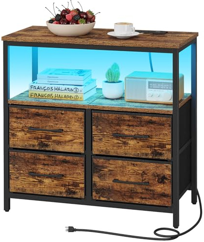 TUTOTAK LED Night Stand with Charging Station, Large Nightstand with USB and Type-C Port, Bedside Table with Cloth Drawers, End Table for Livingroom, Bedroom, Brown TB01BB081L