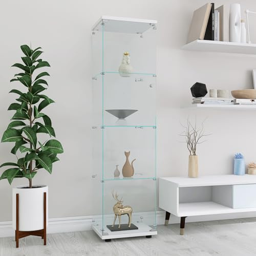 BRILVERDE Glasvitrine Standvitrine in Weiß,4 Böden Modern Vitrinenschrank,für Sammlerstücke Bücher Wein,für Büro Wohnzimmer Küche (Weiß)