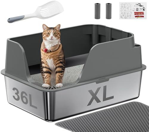 Non-stick Stainless Steel Litter Box, XL Side Opening Splash-Proof & Leak-Proof Seamless Seal, Ellenpent Large Capacity, Cat Litter Box with Lid for Multi-Cats, Large Cats, Easy-Clean & Durable (Gray)