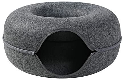 Lit tunnel rond épais pour chats - Jouet rond amovible en feutre avec judas - Maison pour petit animal domestique chaton