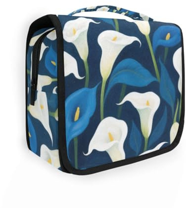 Neceser de viaje de lirios de cala blancos y azules con gancho para colgar, kit de afeitado esencial para hombre