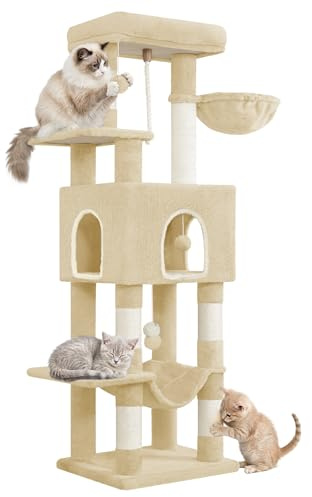 Hzuaneri Arbre à Chat Hauteur 149 cm, Tour de Jeux pour Chats, Beige | Griffoir avec Grandes Plateformes, 5 Poteaux à Griffer, 3 Pompons, 1 Hamac, 1 Niche, Multi-Niveaux, MS14918YL