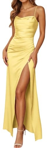 Duohropke Women's Spaghetti Straps Satin Bridesmaid Dresses Curvy Dress Wedding Elegant Tunic Dress A-Line Evening Dress with Slit Sexy Sleeveless Maxi Dress Corset Pleated Dresses, yellow, S