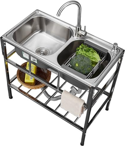 Freistehende Edelstahl Spültisch 2 Becken mit Wasserhahn mit Kalt und Warmwasserschläuchen, Outdoor Spüle mit Ablaufgarnitur und Ablagefach für Küche, Garage, Waschküche, 83 * 44 * 85 CM